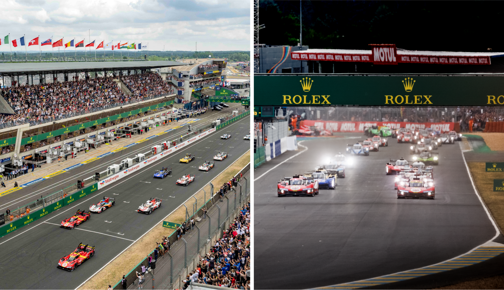 Split image of the 24 Hours of Le Mans race, left showing the starting grid and grandstands filled with spectators during the day, right showing race cars under the Rolex bridge at night.
