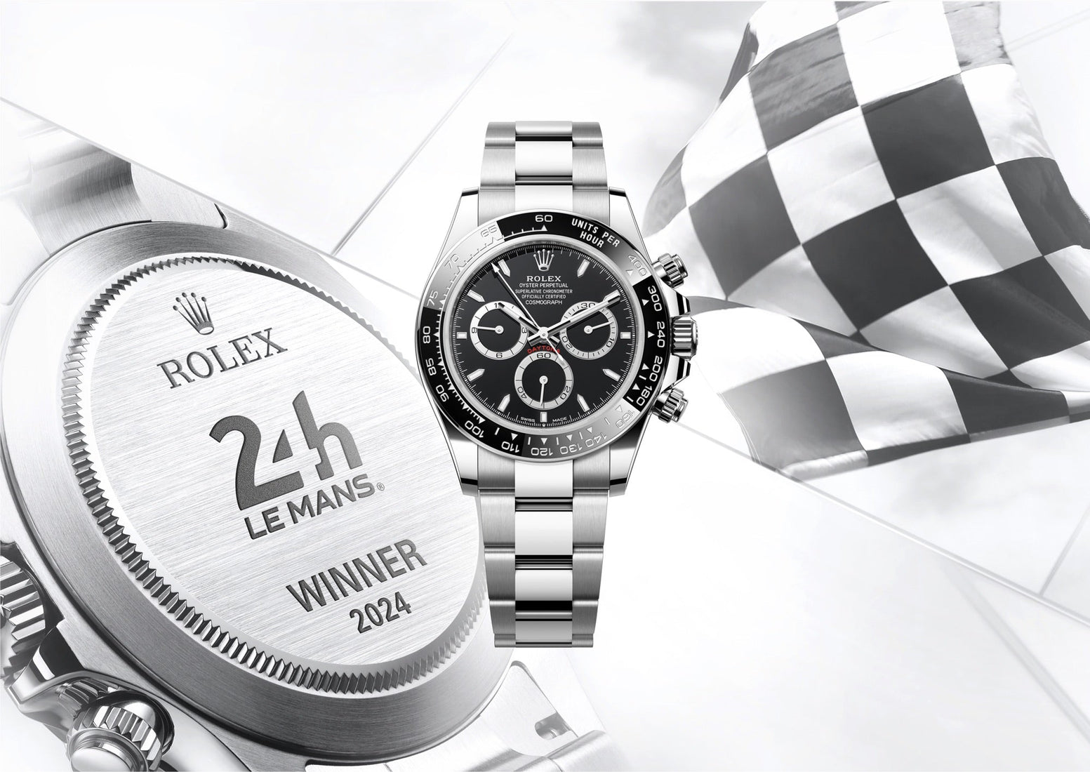 Rolex Cosmograph Daytona watch with 24h Le Mans Winner 2024 engraved on the caseback, shown alongside a waving checkered racing flag.