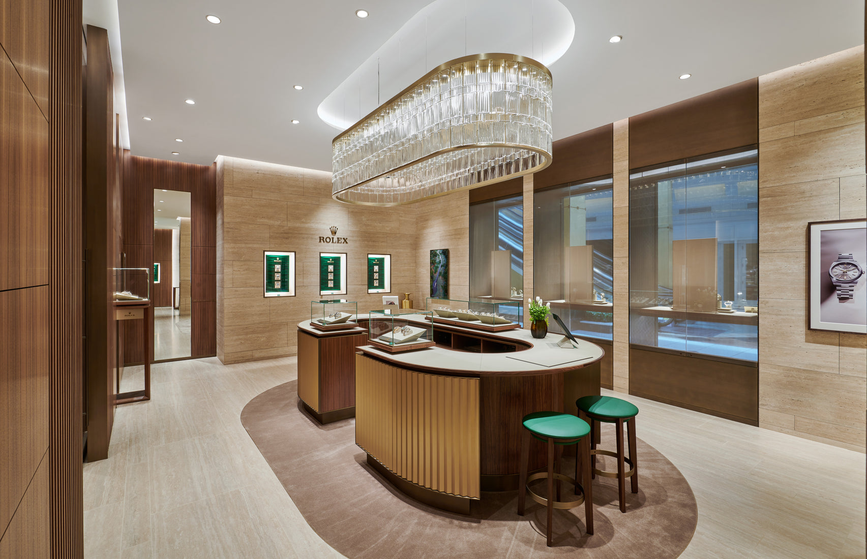 Rolex Boutique Detroit luxurious front room with watch bar and stools and drop lighting