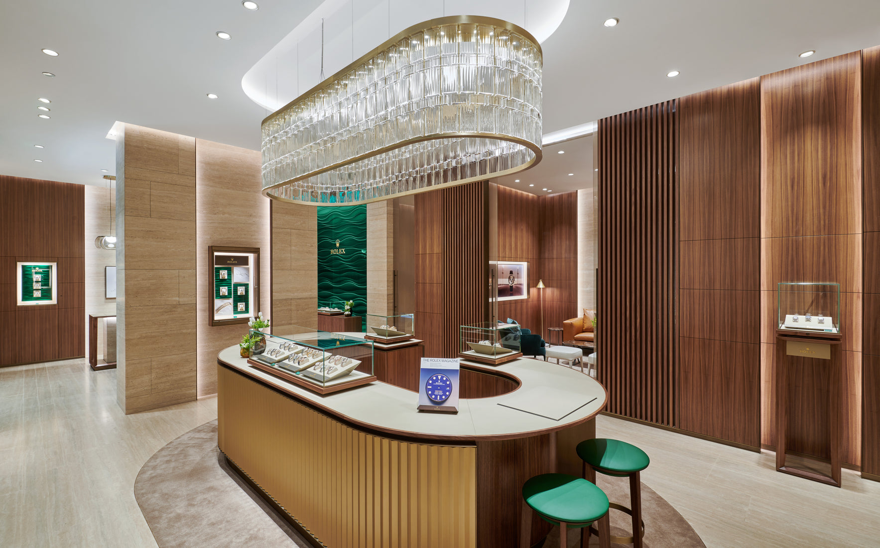 Rolex Boutique Detroit luxurious front room with watch bar and stools and drop lighting