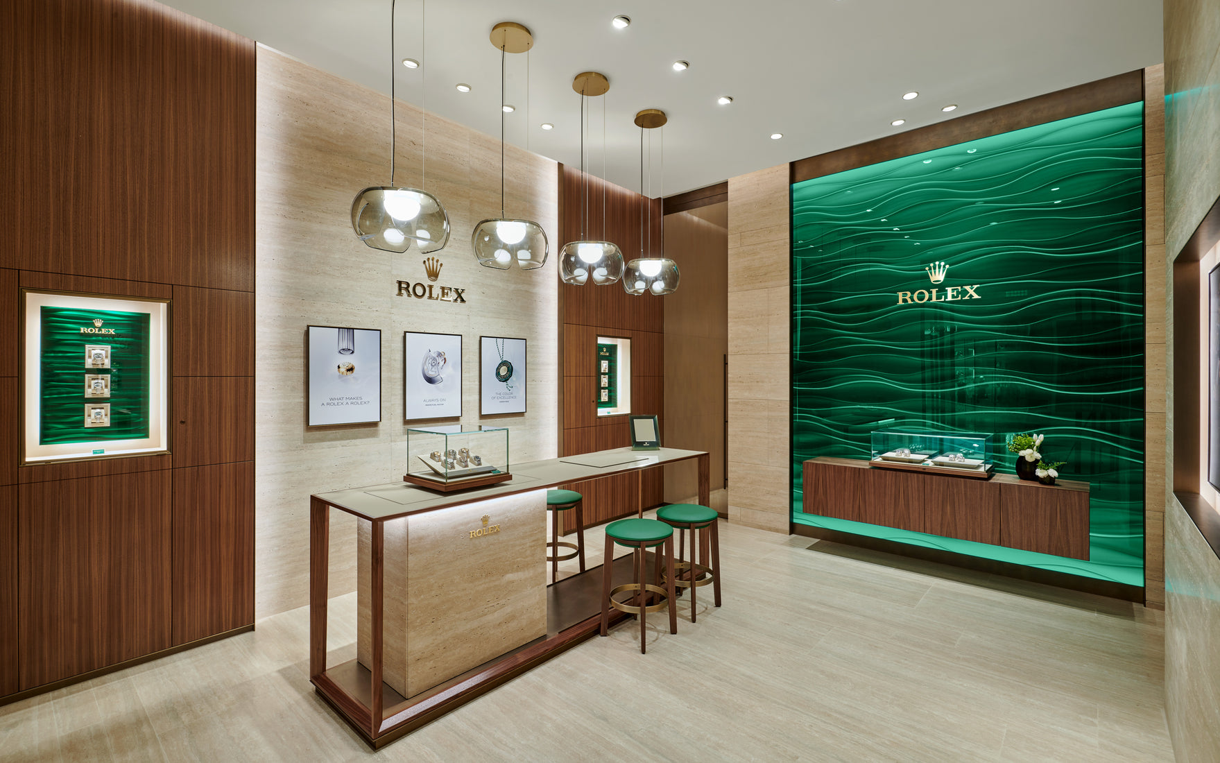 Rolex Boutique Detroit luxurious front room with watch bar and stools and drop lighting