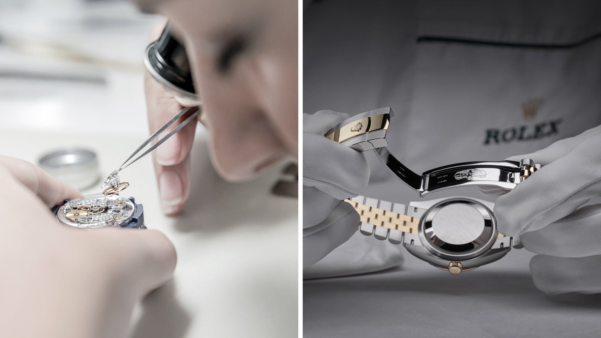 Close-up of a watchmaker using tweezers to assemble a watch movement, and a gloved hand examining the clasp and caseback of a two-tone Rolex wristwatch.