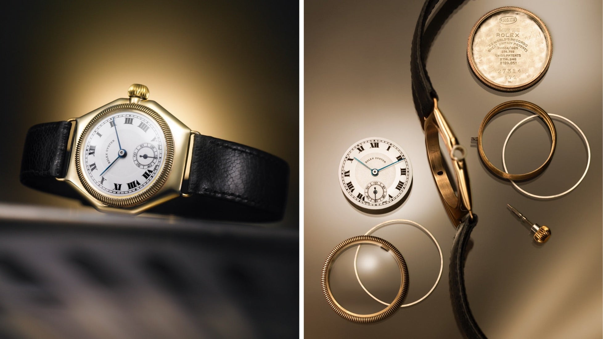 Vintage gold Rolex watch with a white dial, Roman numerals, and black leather strap, next to an exploded view showing its disassembled parts arranged neatly on a reflective surface.