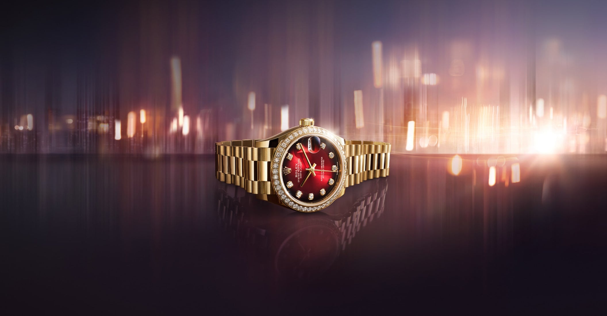 Rolex Datejust watch in an elegant ambiance setting, featuring a diamond bezel and metallic bracelet, displayed with soft lighting that highlights the watch's luxurious design and fine details.