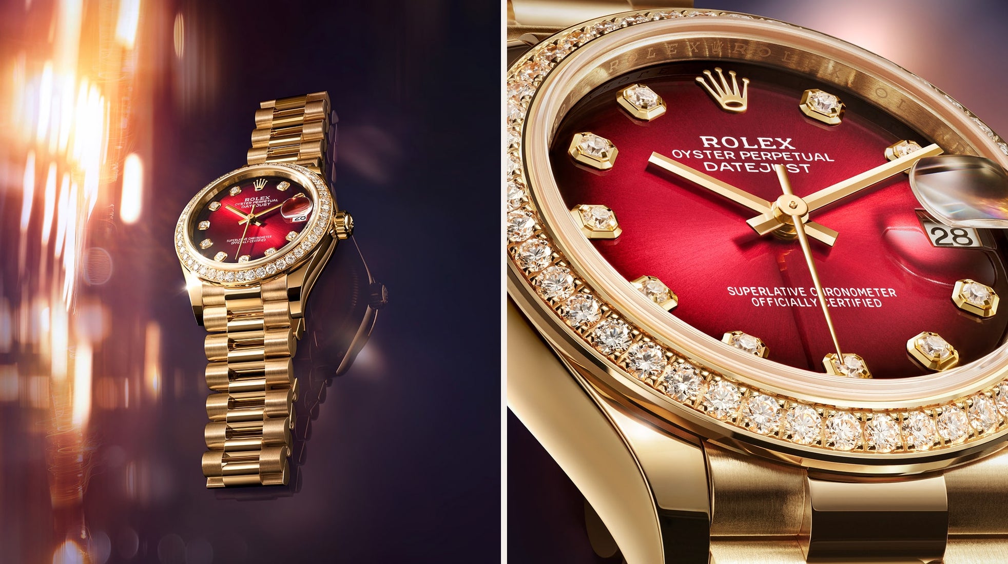 Two Rolex Datejust watches with Oyster cases displayed side by side, showcasing diamond bezels and metallic bracelets under soft lighting that accentuates their craftsmanship and luxurious design.