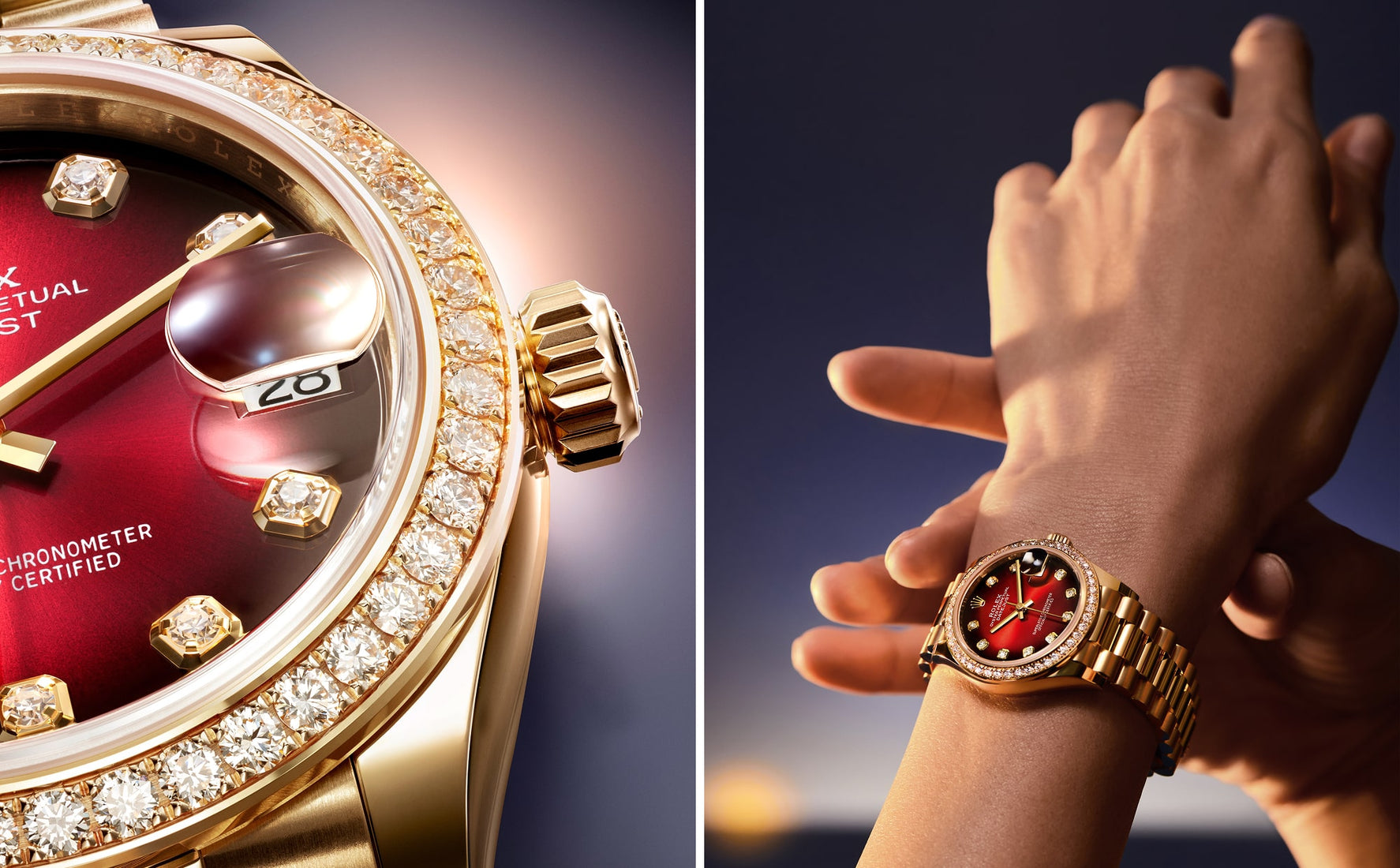 Two Rolex Datejust watches side by side, featuring diamond-set bezels and elegant metal bracelets, displayed with clear detail on their dials and craftsmanship under soft lighting.