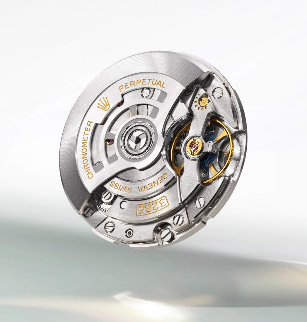 Rolex Perpetual automatic watch movement with visible rotor, gears, and jewels displaying Swiss craftsmanship and precision engineering