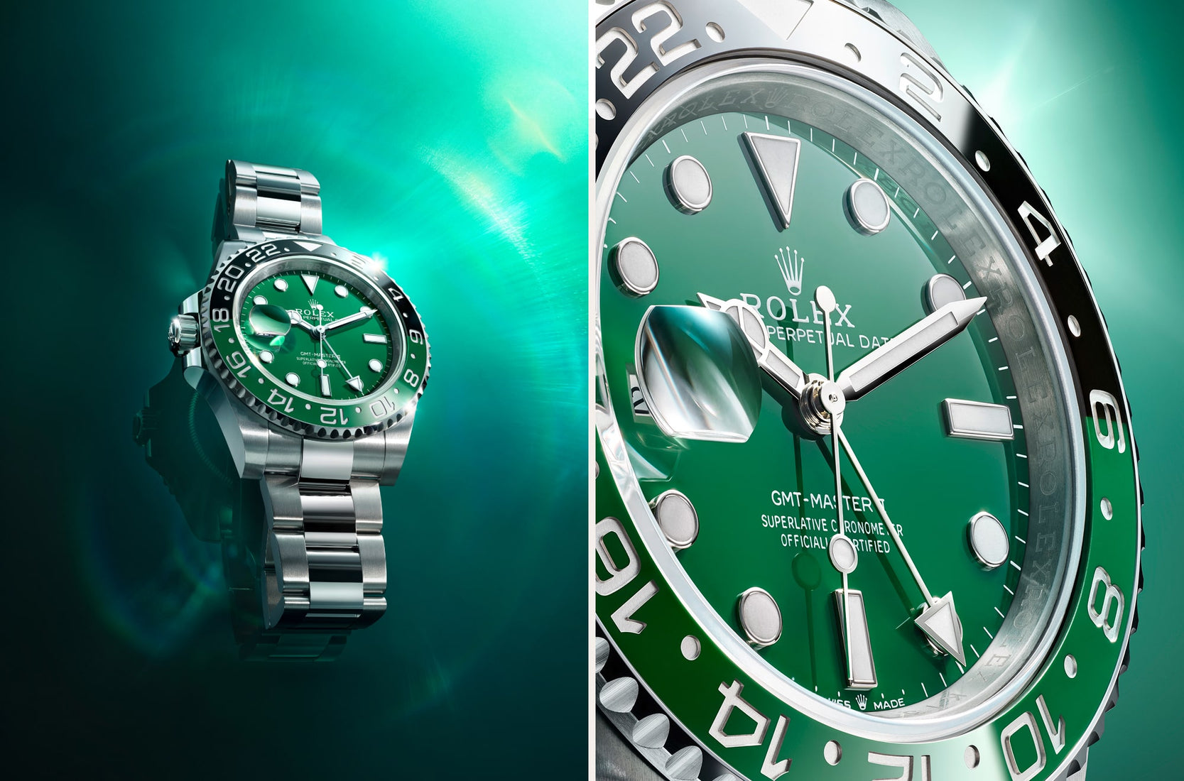 Split screen of zoomed out and zoomed in view of green 2025 Rolex GMT Master II m126729vtnr-0001