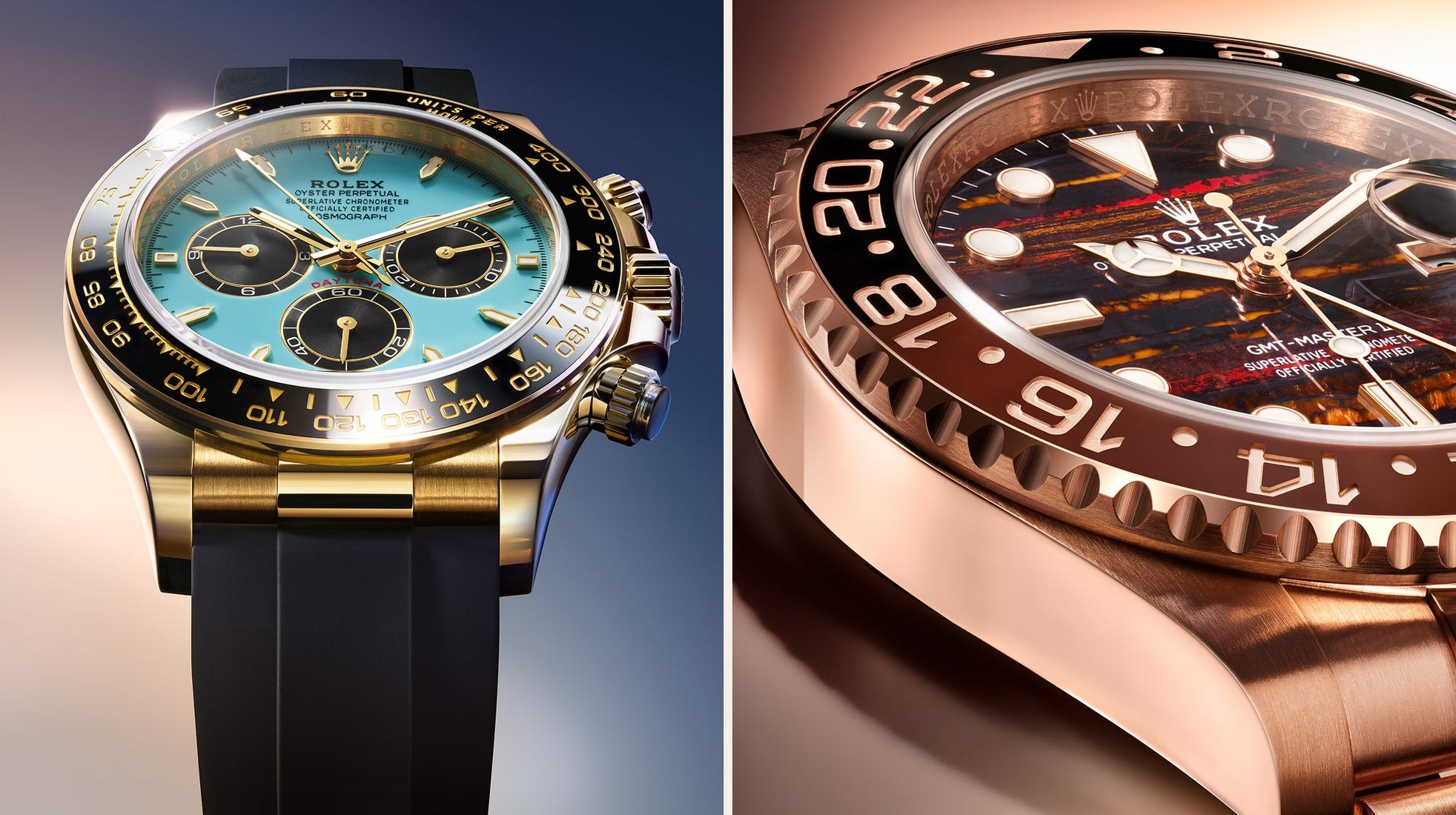 Luxury sports watch comparison: gold Daytona chronograph with turquoise dial and rubber strap alongside rose gold GMT-Master with brown striped dial and rotating bezel