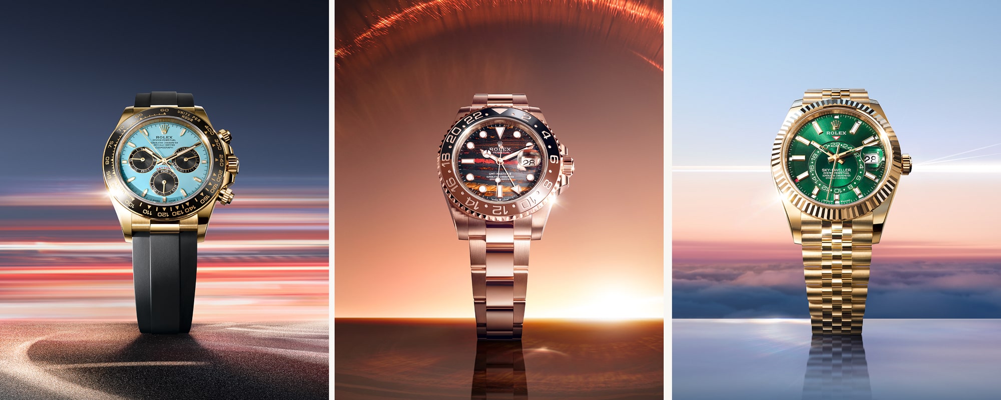 Luxury watch collection trilogy: gold Daytona chronograph with turquoise dial, rose gold GMT-Master with brown striped dial, and yellow gold Sky-Dweller with green dial, all photographed against dramatic sunset sky backgrounds