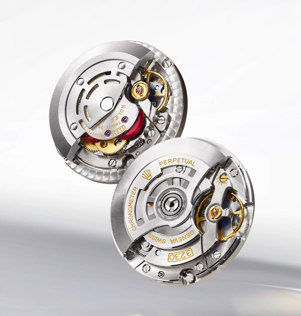 Close-up image of Rolex Oyster Perpetual watch movements 2232 and 3230 for 2025, showcasing intricate mechanical components with a focus on precision engineering and craftsmanship, displayed against a dark background.