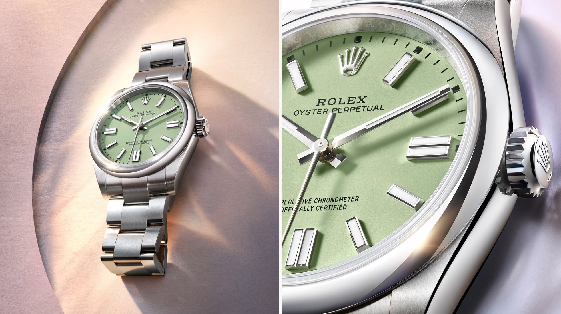 Rolex Oyster Perpetual watches model M134300-0006 showcasing the Oyster case design for 2025, presented with close-up views highlighting the case's sleek contours and polished finish on a clean background.