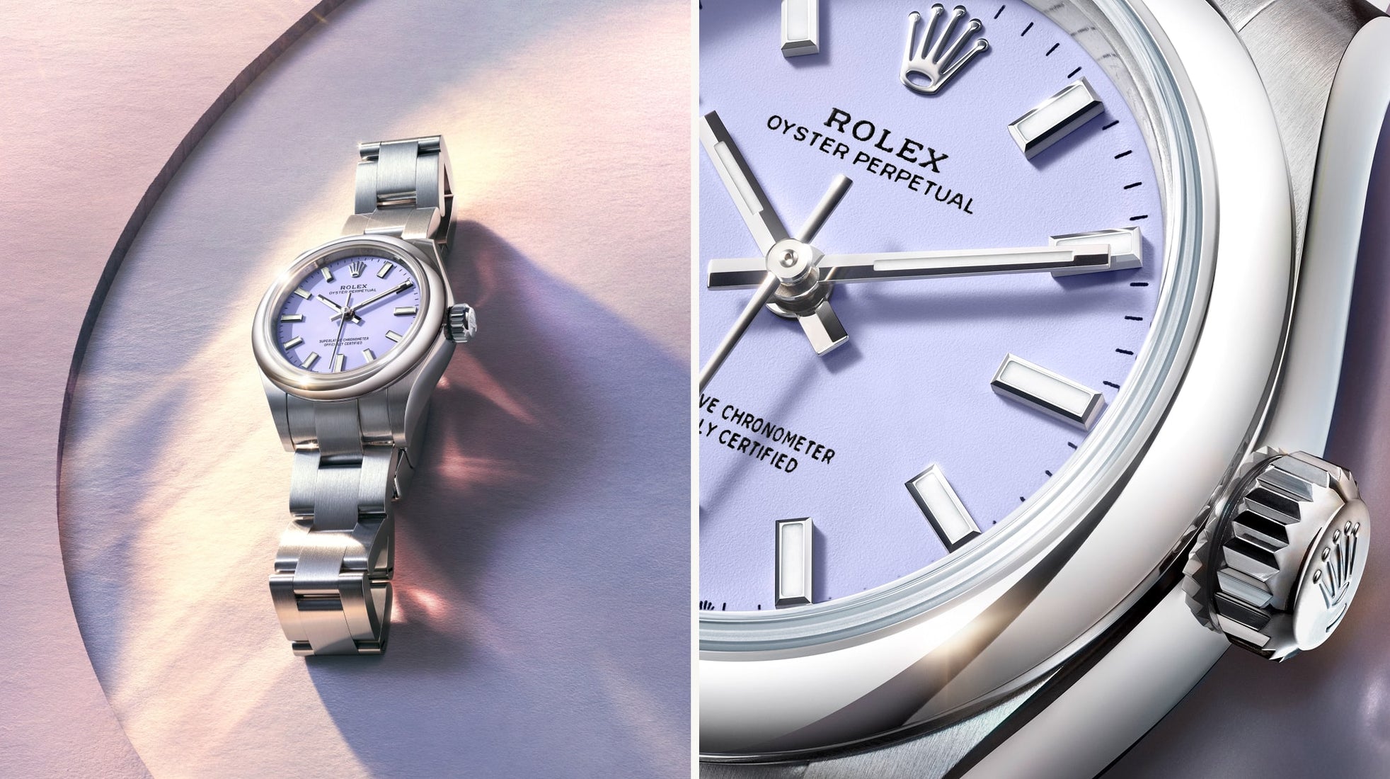 Split Screen of zoomed in and zoomed out 2025 Rolex Oyster Perpetual Lavender Dial m276200-0008