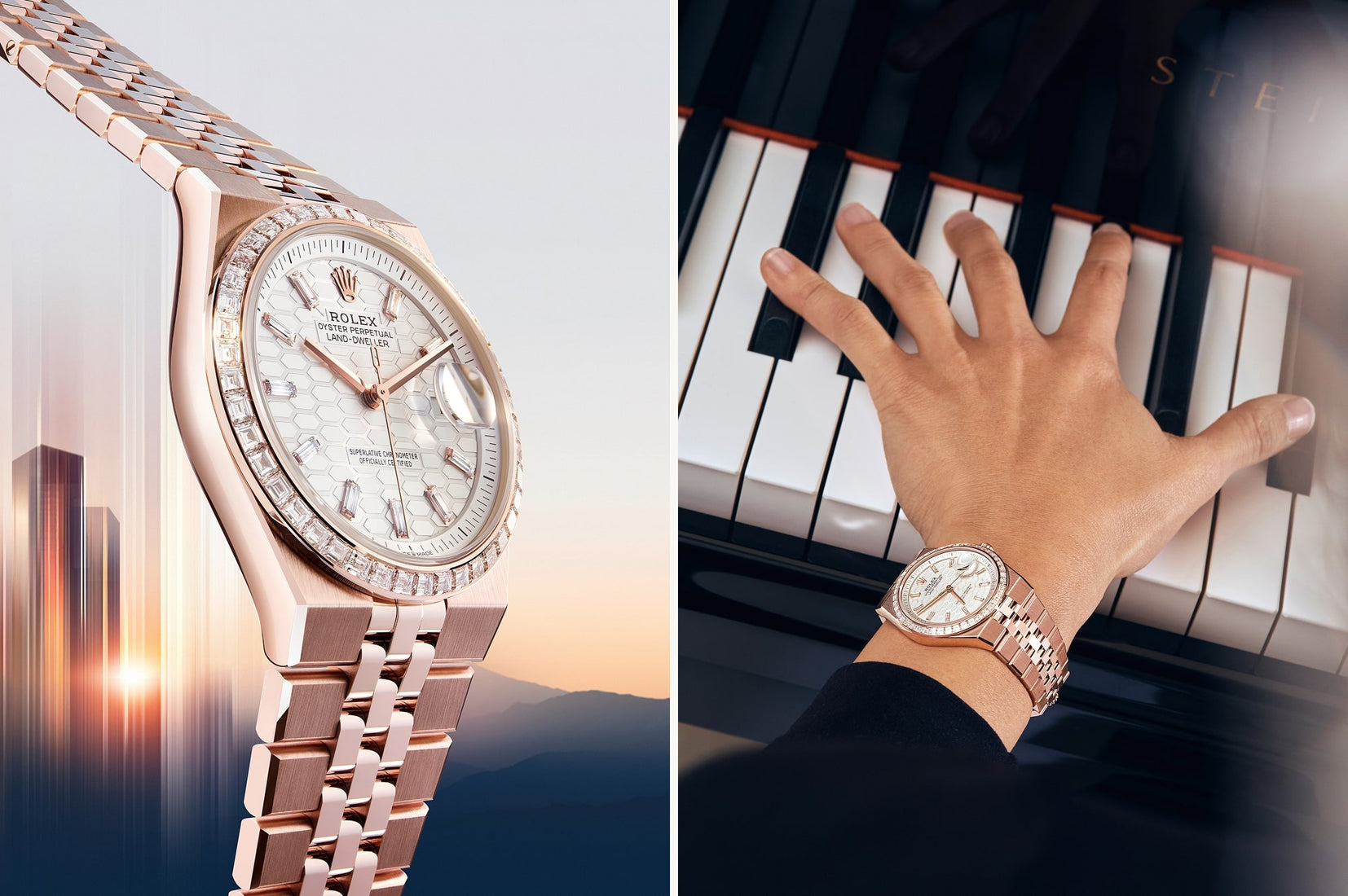 Rose gold watch with diamond accents on a cityscape background, and a hand wearing the watch on a piano keyboard.