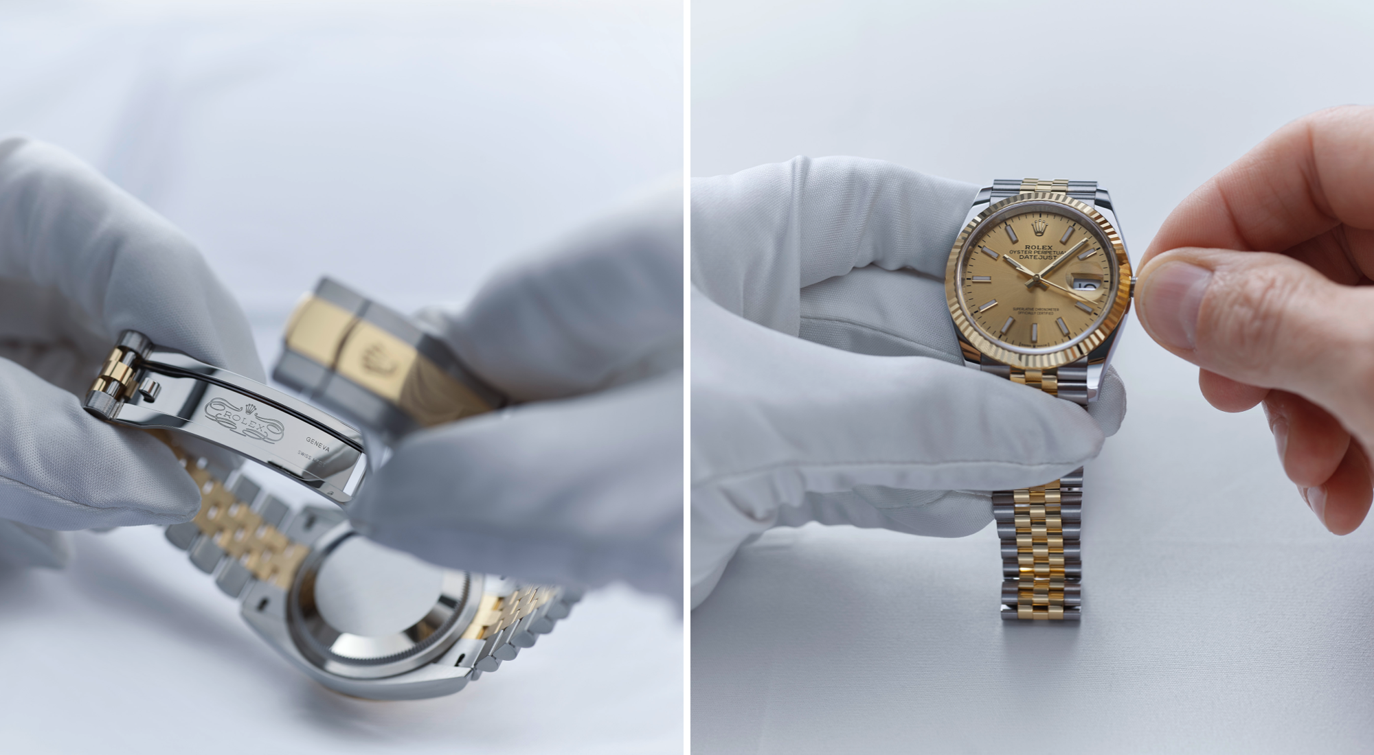 The image illustrates the Rolex servicing procedure, showing a detailed corporate visual focusing on the final quality control and clasp mechanism inspection. It highlights the precision and thoroughness Rolex applies in watch servicing.