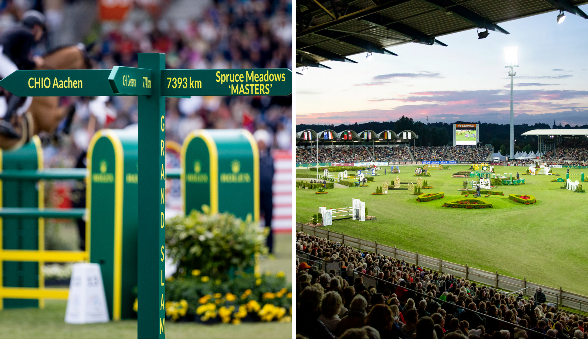 Split image of an international show jumping event; left side shows a green directional signpost with distances to CHIO Aachen, CH Geneva, and Spruce Meadows 'MASTERS', while the right side depicts a crowded stadium at sunset with a brightly lit equestrian arena set up for competition.