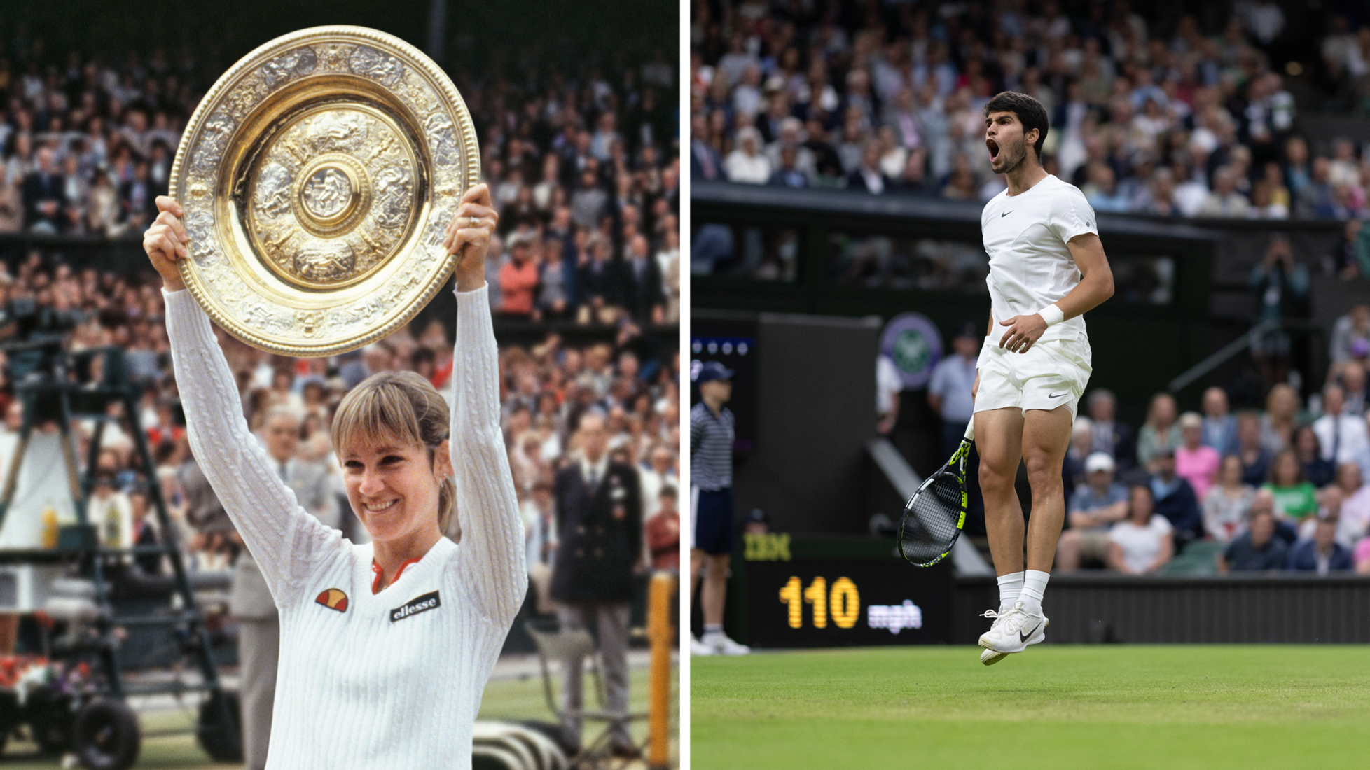 Split image of a tennis player holding the Wimbledon ladies’ singles trophy above her head, and a male tennis player midair after serving on a grass court during a match, with a crowd in the background.