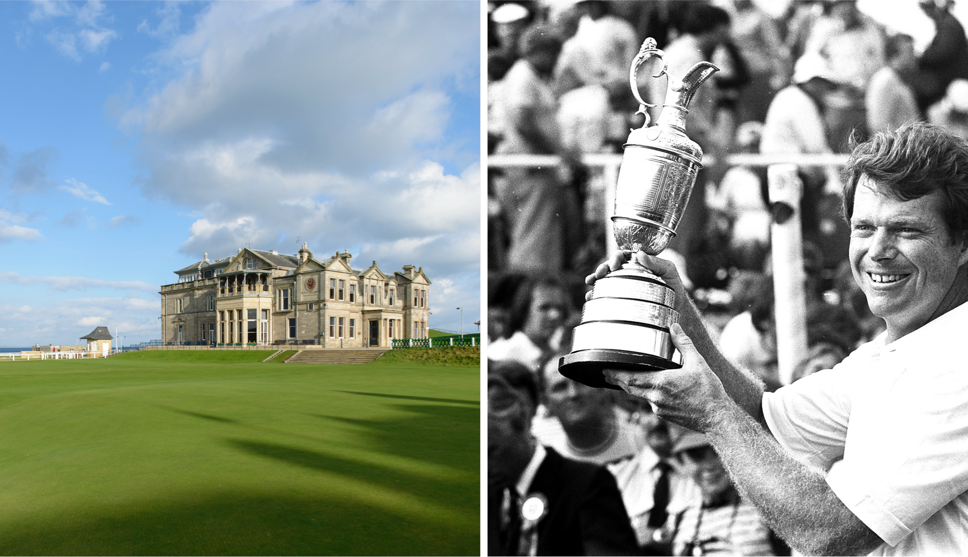 Split image of the clubhouse at the Old Course at St Andrews under a bright sky, and close-up of a golfer holding the Claret Jug trophy in front of a cheering crowd.