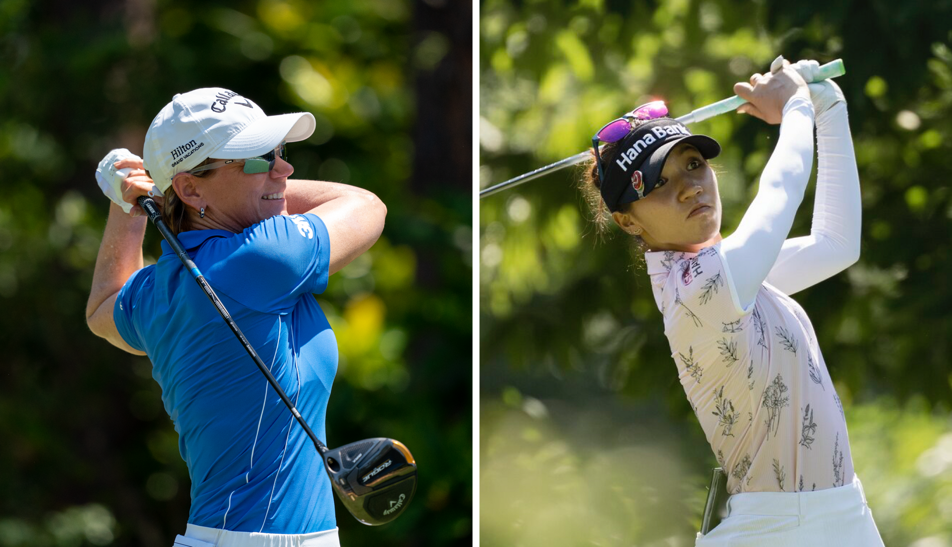 Split image of female golfers in mid-swing on a golf course during the Amundi Evian Championship, each focusing intently on their shots with green foliage in the background.
